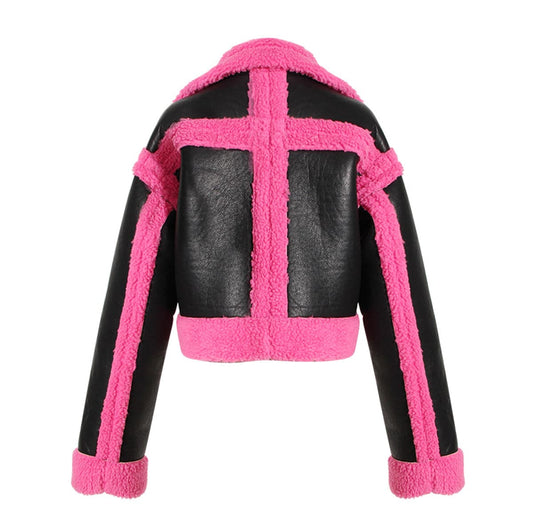 Stylish Pink Faux Fur Motorcycle Jacket with Big Collar    