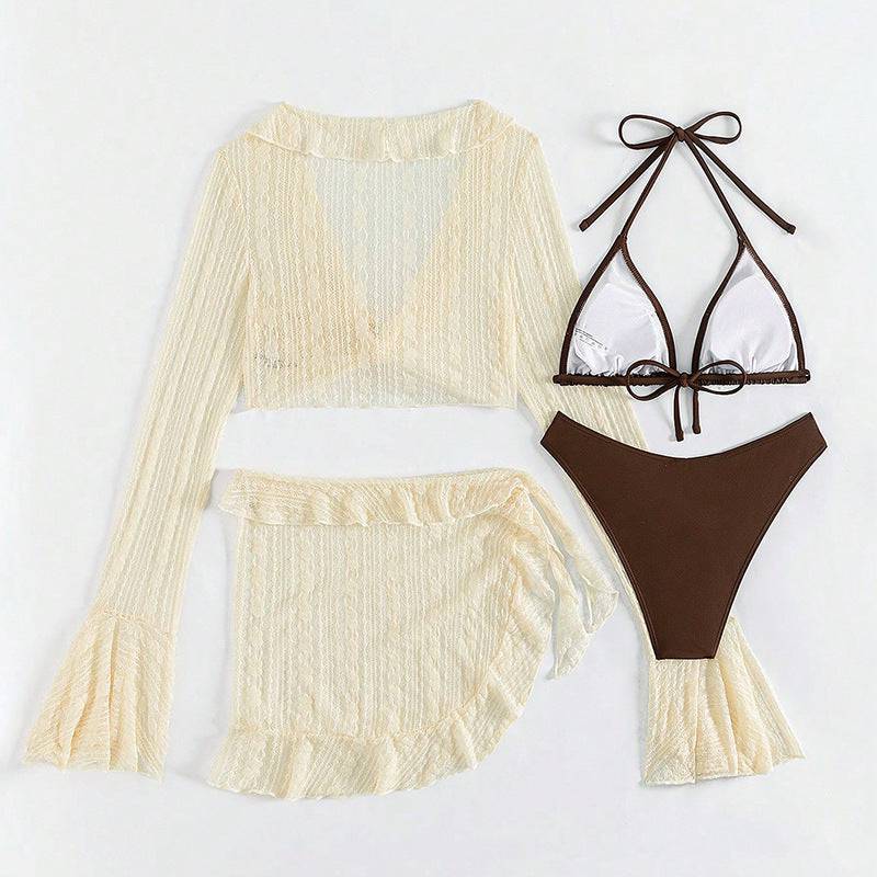 French Long Sleeve Blouse Bikini Swimsuit Four Piece Set for Women    