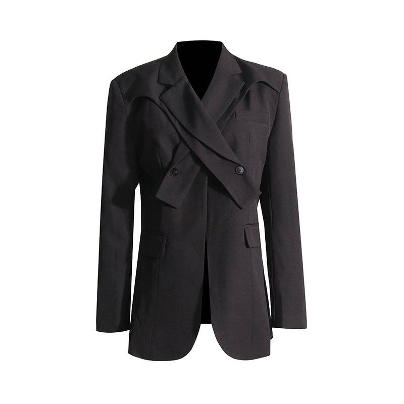 Edgy Black Irregular Asymmetric Cross Collar Women's Coat for Office and Casual Wear    