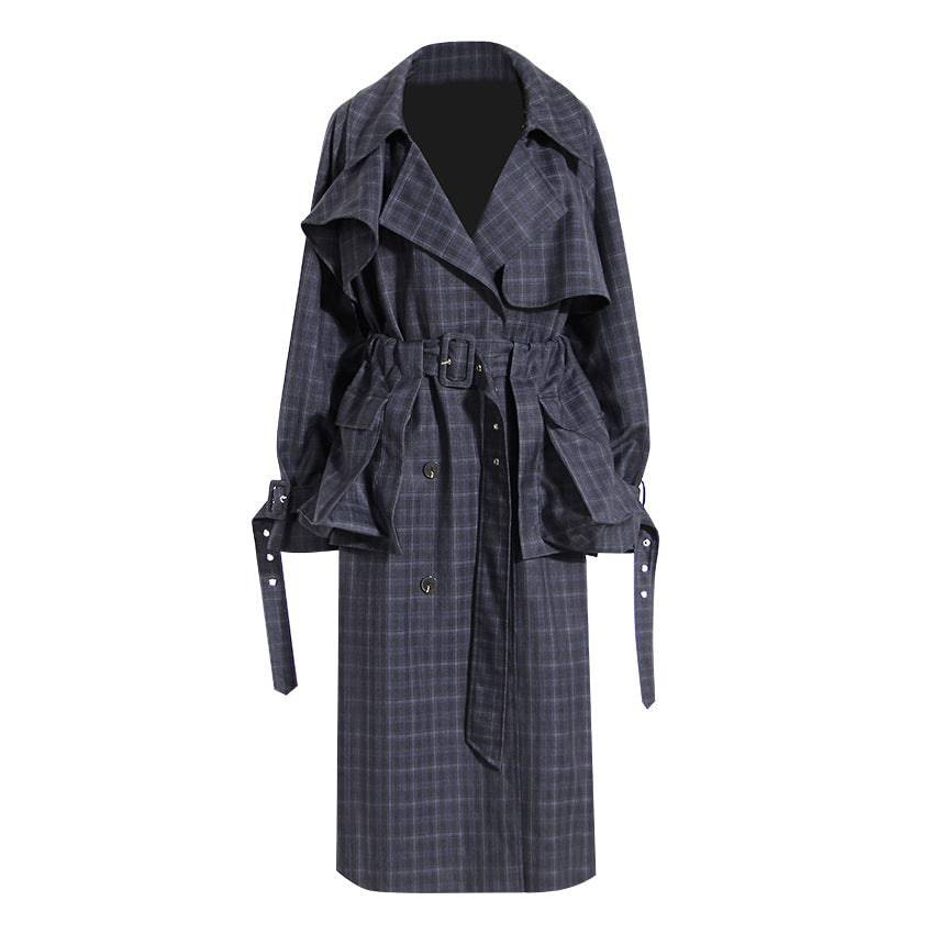 Women's British Plaid Trench Coat with Waist Belt, Large Pockets, and Detachable Lace-Up Detail    