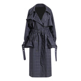 Women's British Plaid Trench Coat with Waist Belt, Large Pockets, and Detachable Lace-Up Detail    