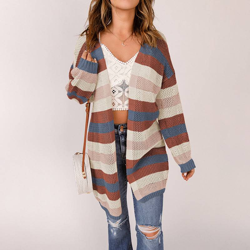 Striped Contrast Color Cardigan Coat Sweater for Women - Spring/Autumn Collection    