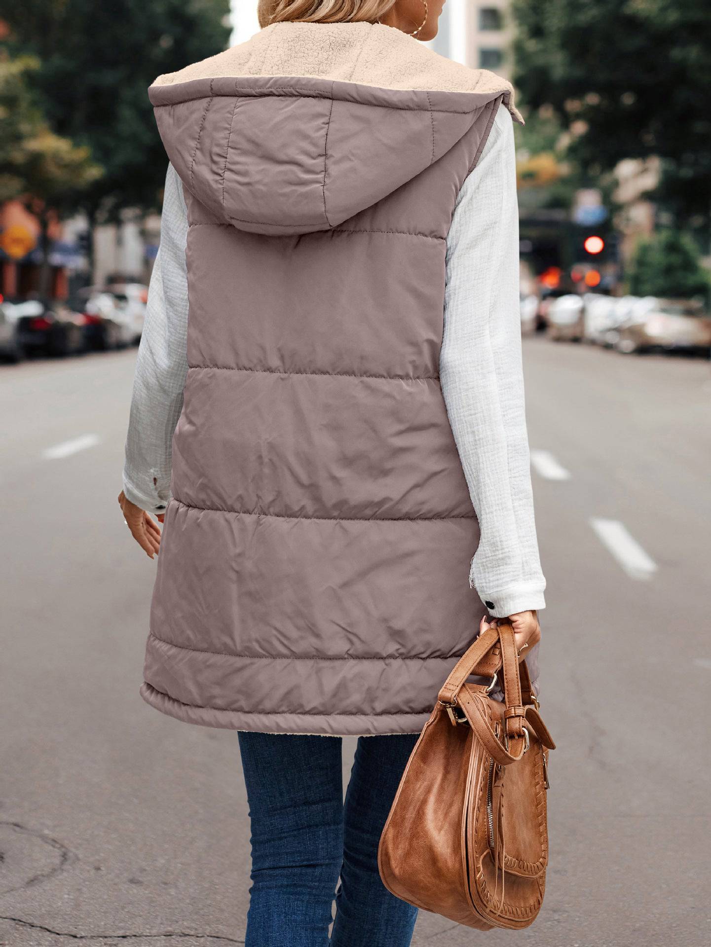 Simple Stitching Plush Double Sided Women's Hooded Vest with Zipper    