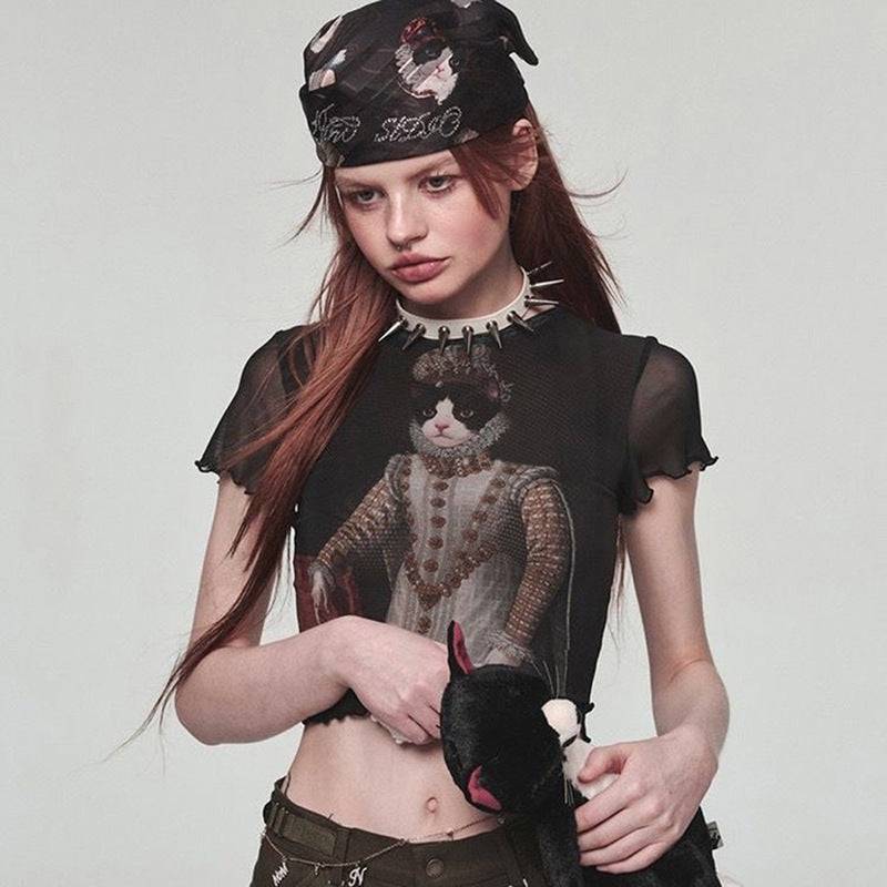 Retro Cat Print Mesh Top for Women: Vintage Charm with a Hint of Allure    