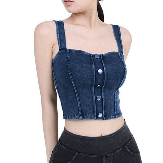 Slimming Faux Denim Yoga Vest with U-Shaped Strap and Metal Buckle Sling    