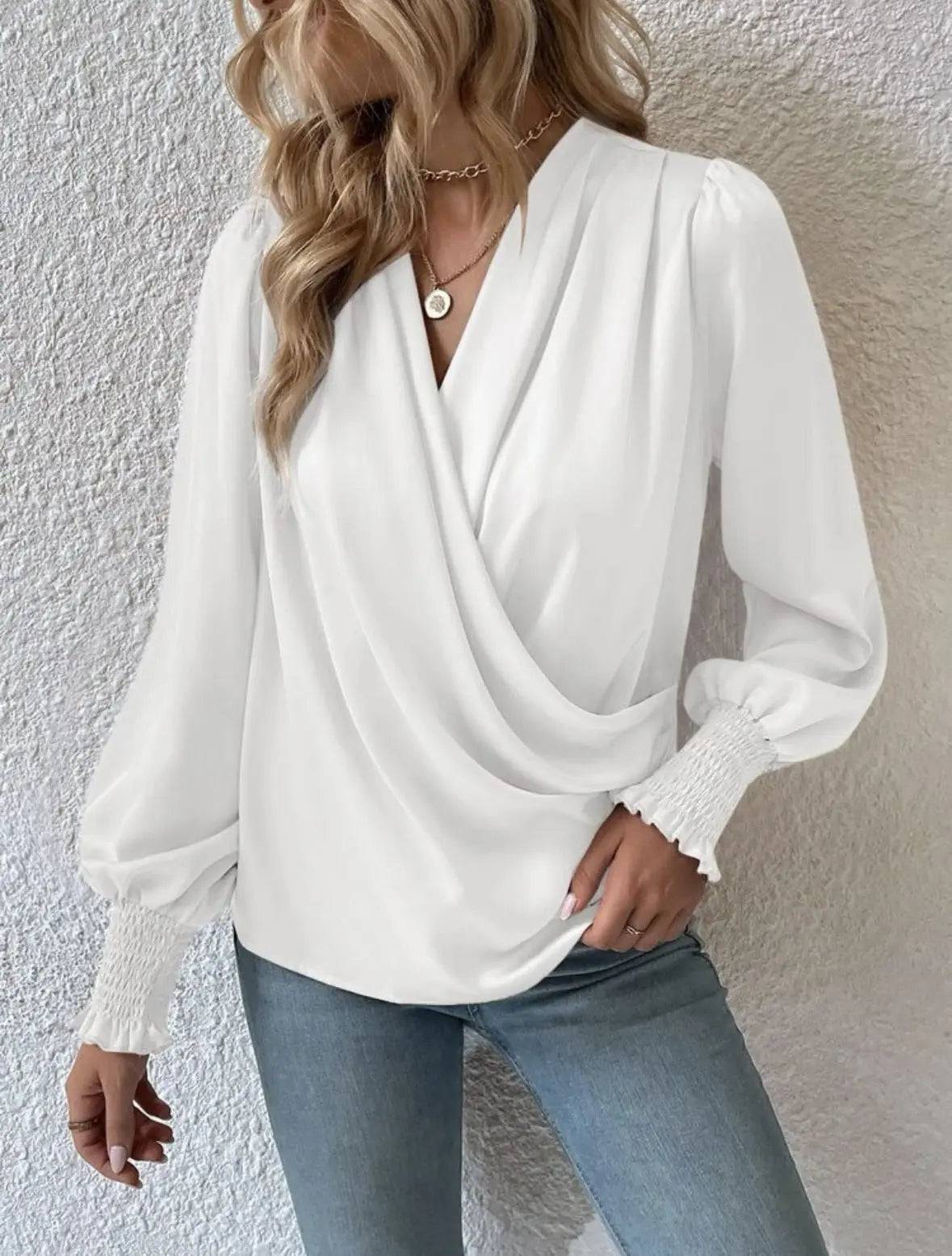 Elegant V-Neck Smocking Lantern Sleeve Office Blouse    