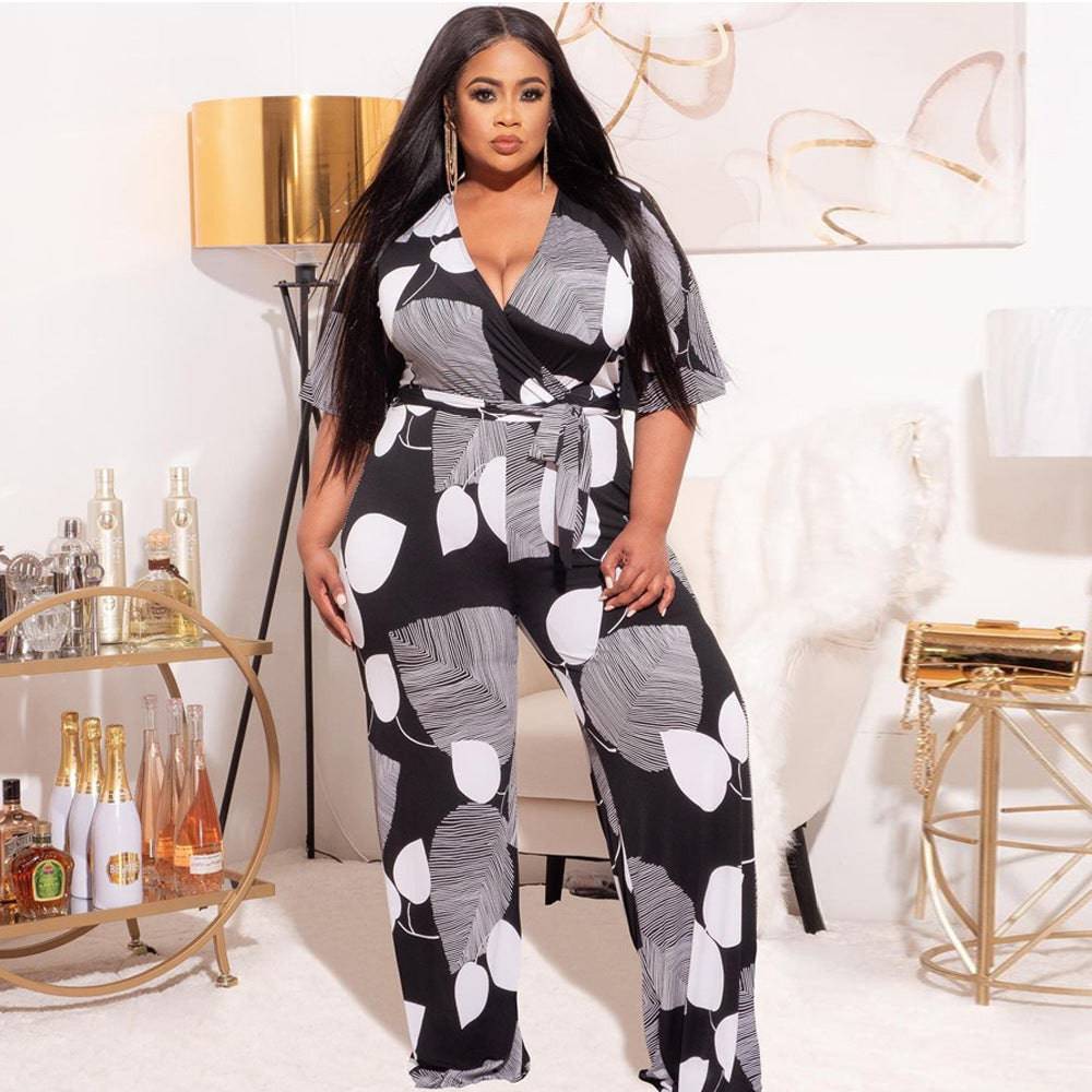 Plus Size Black and White Print Jumpsuit for Office and Casual Wear    