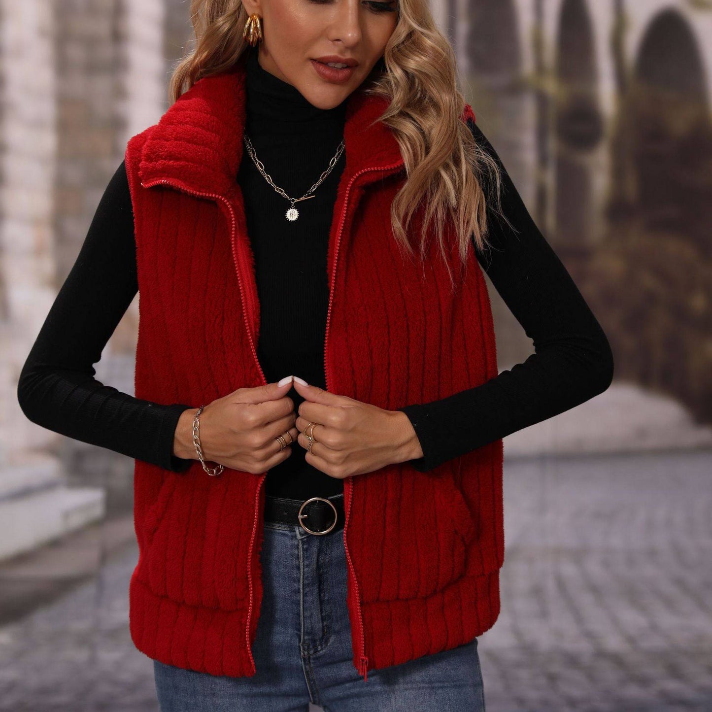 Striped Sleeveless Collared Casual Jacket for Women    