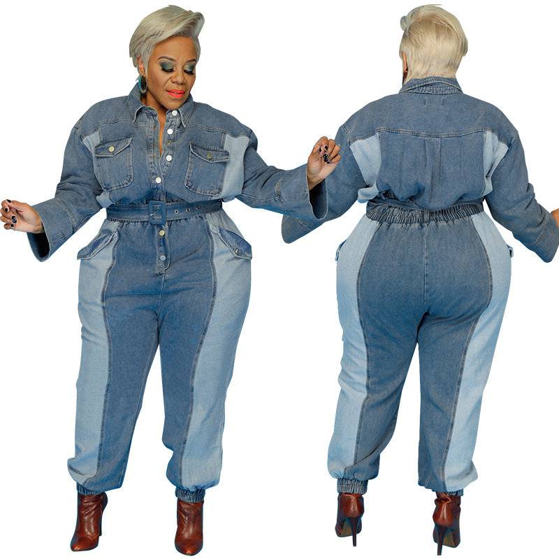 Stylish Plus Size Denim Jumpsuit for Autumn and Winter    