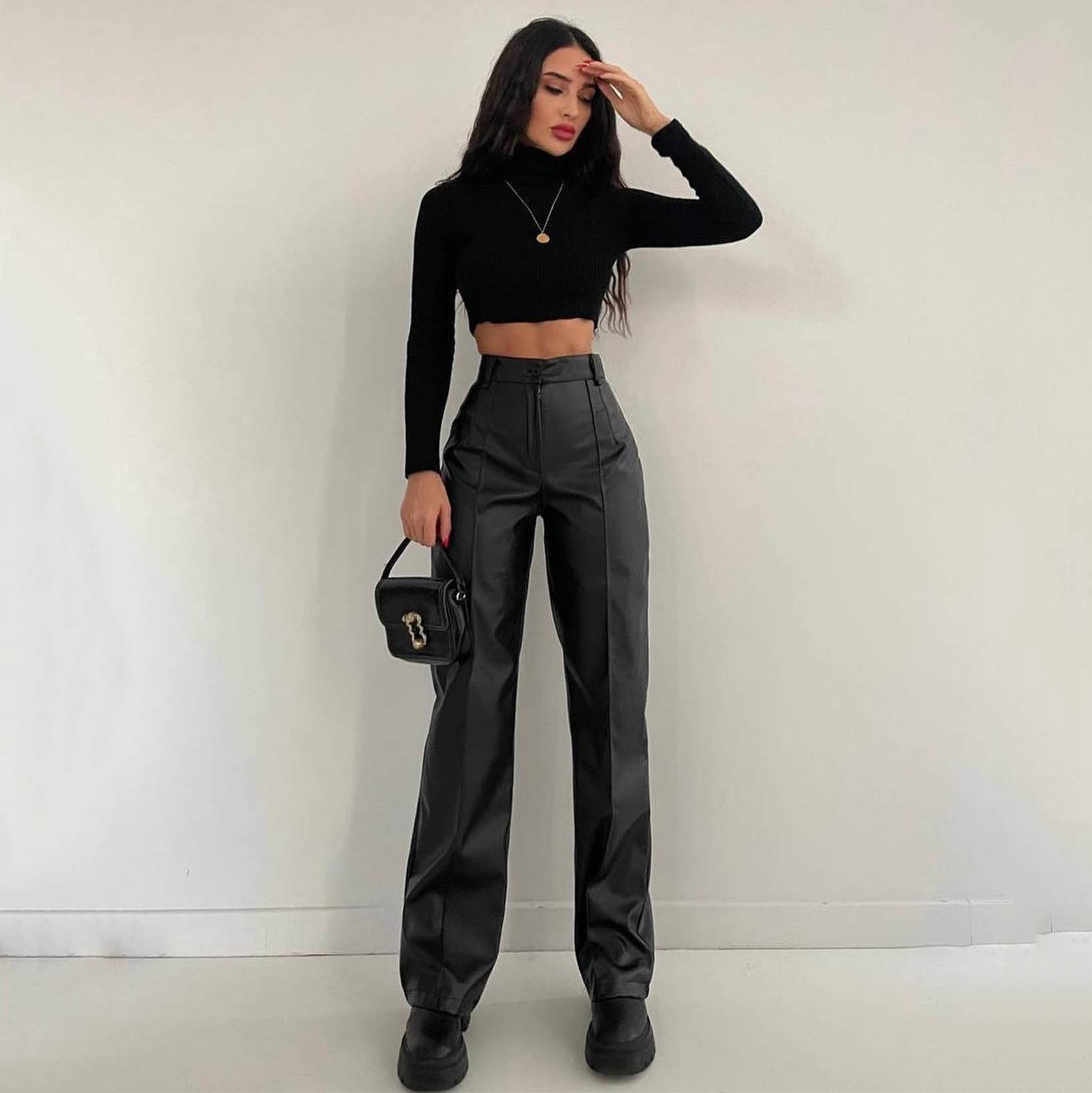 Stylish Women's High Rise Faux Leather Straight Leg Pants    