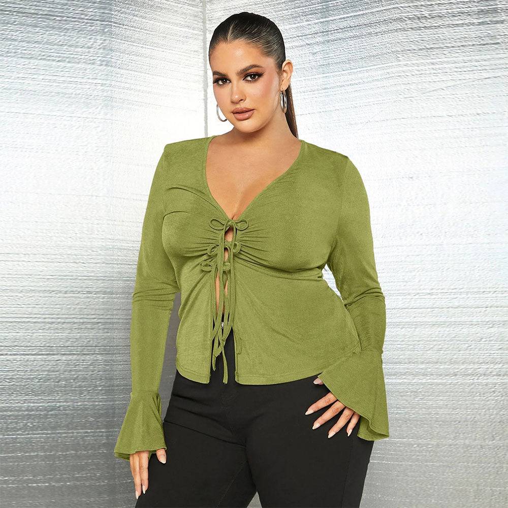 Flattering Lace-Up V-Neck Knitted Office Top for Plus Size Women    