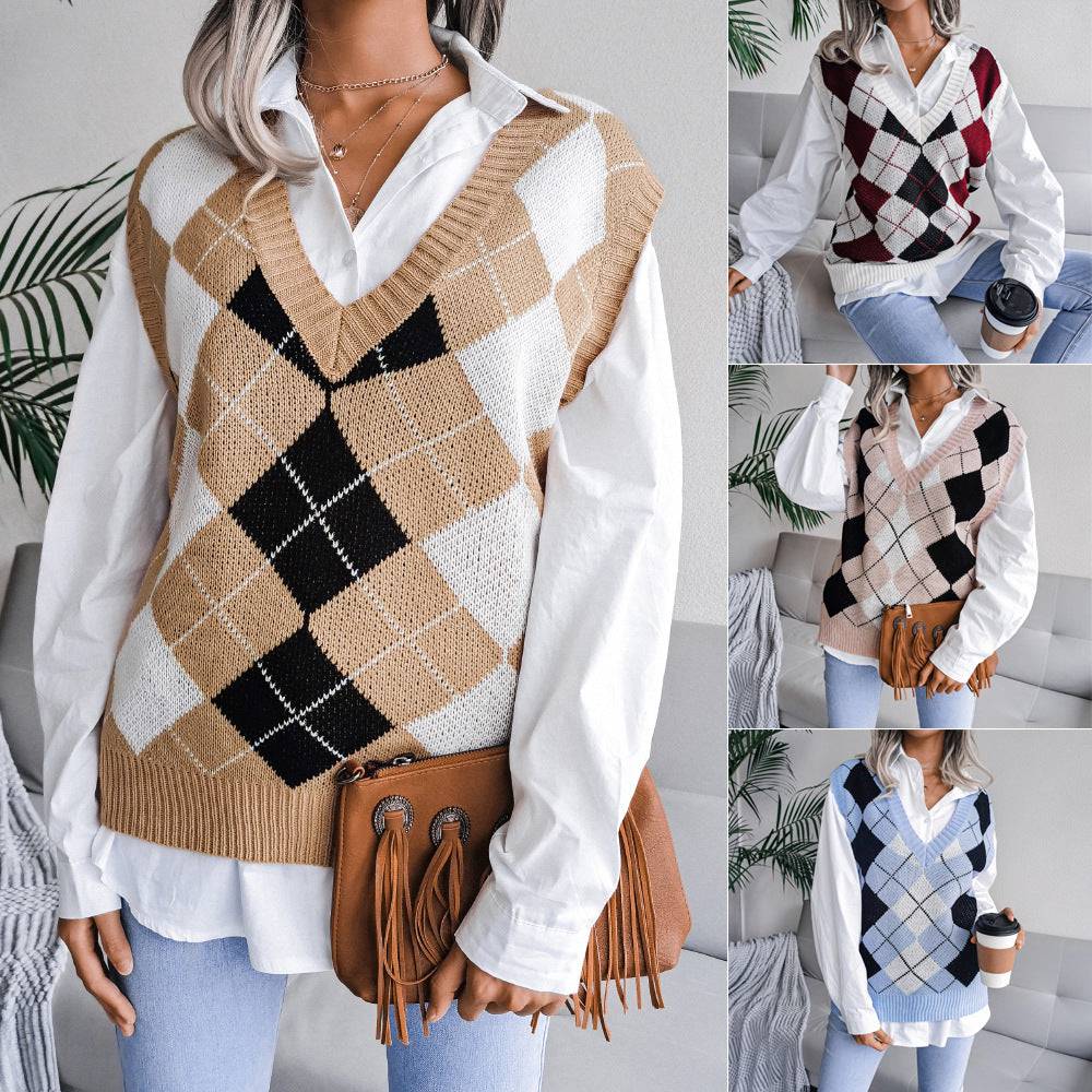 Stylish Rhombus V-Neck Knit Vest Sweater for Women    