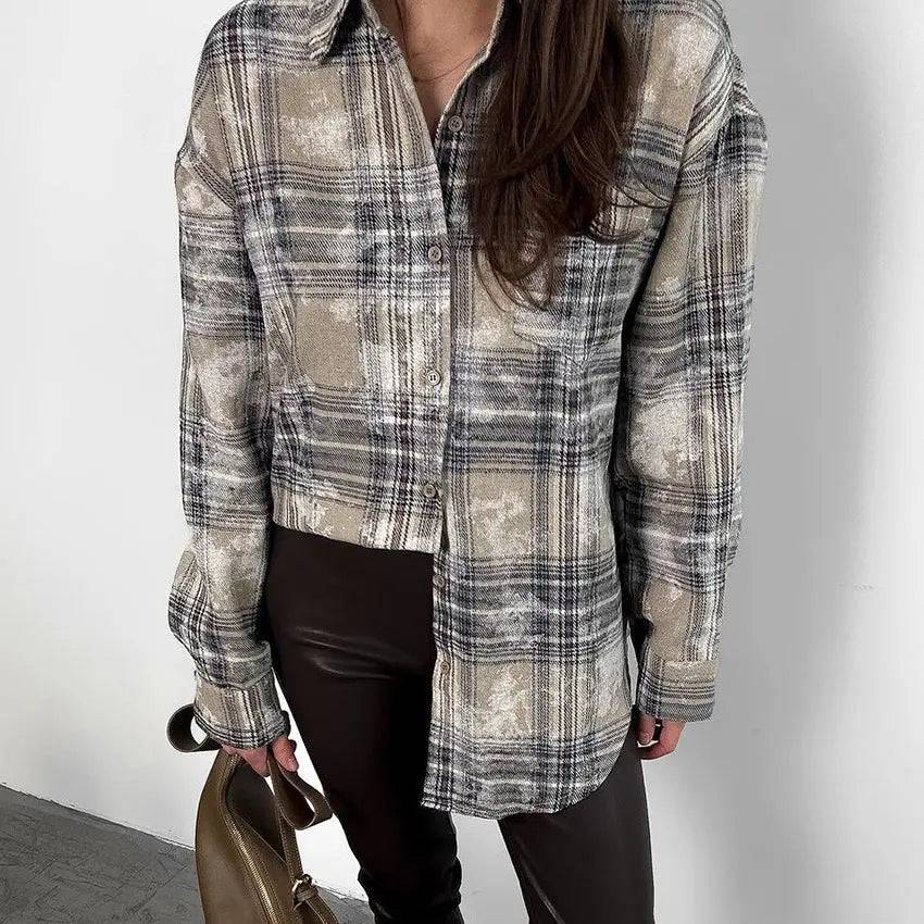 Spring Plaid Cotton Long Sleeve Shirt for Women    