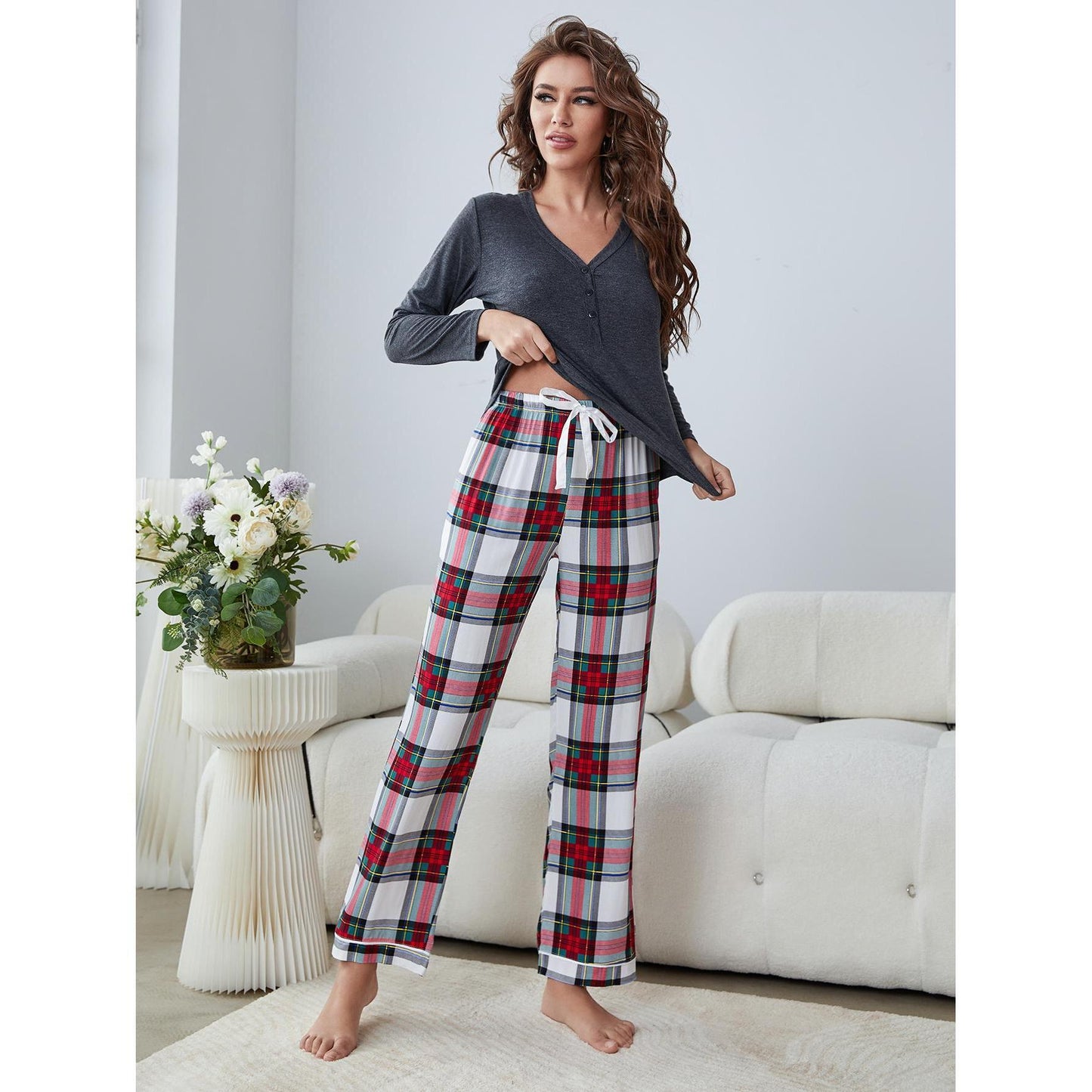 Women's Plaid Long Sleeve Pajama Suit for Autumn and Winter    