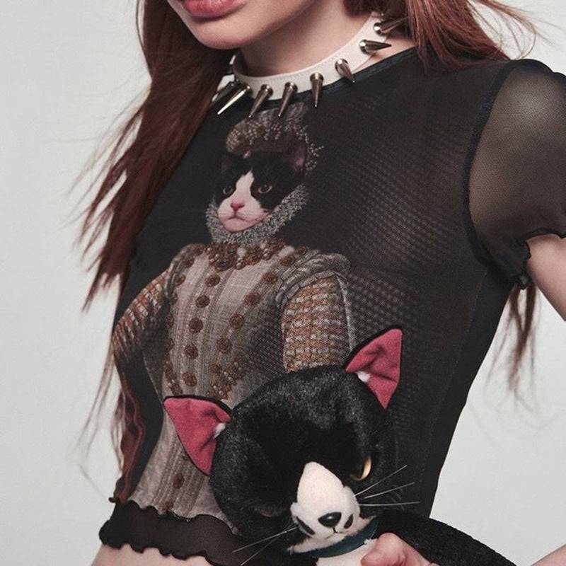 Retro Cat Print Mesh Top for Women: Vintage Charm with a Hint of Allure    