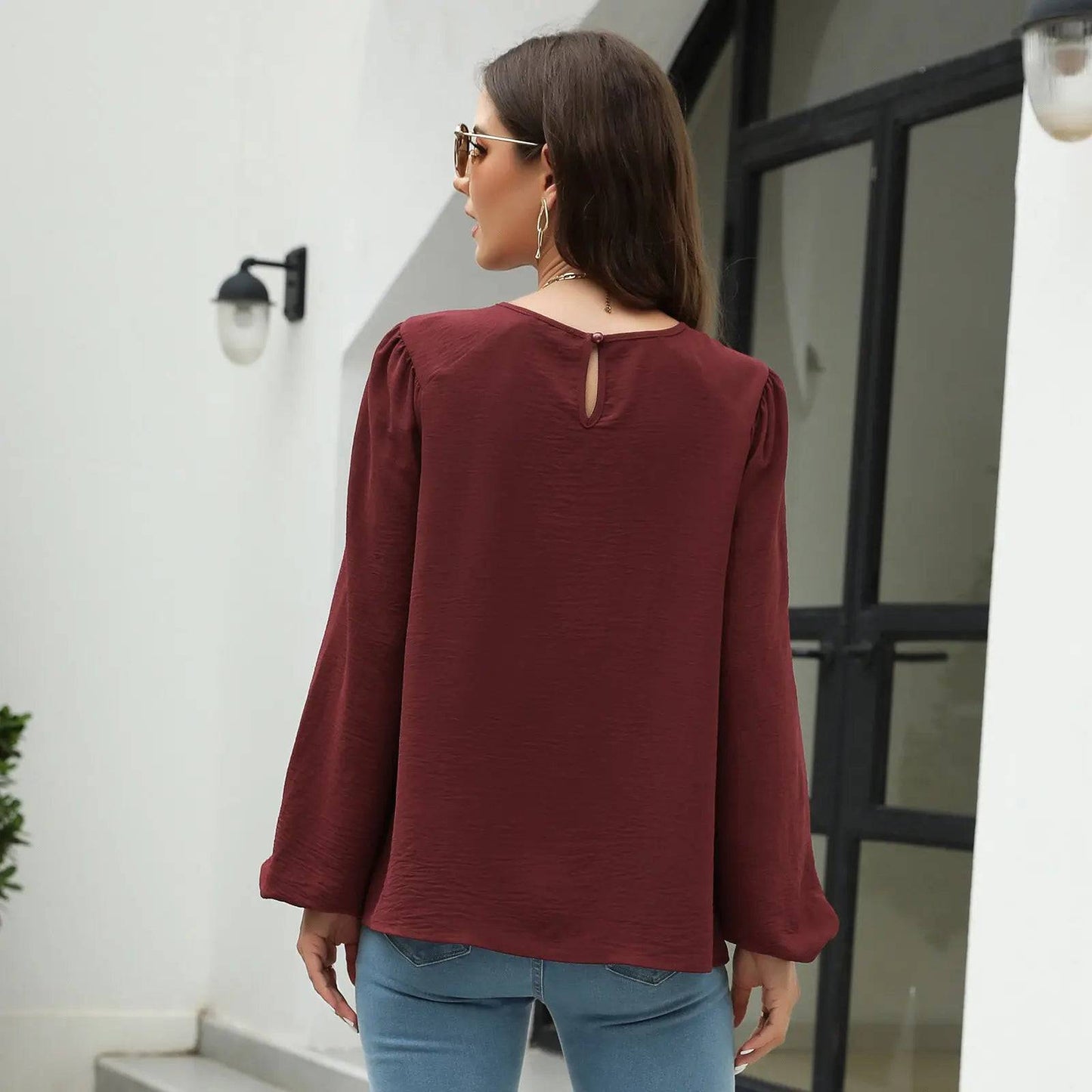 Sophisticated Fall Chiffon Lantern Sleeve Top    