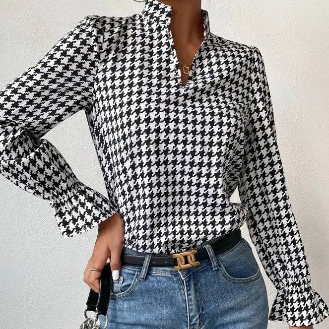 Spring/Summer Houndstooth V-Neck Long Sleeve Top for Women    