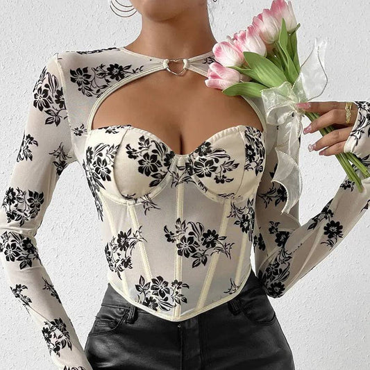 Seductive Floral Lace Low Cut Slim Fit Long-Sleeved T-Shirt    