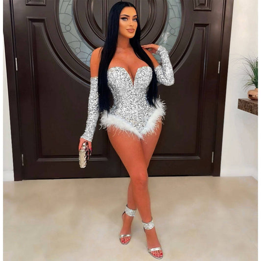 Sensational Feather and Rhinestone Embellished Slim Fit Jumpsuit    