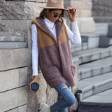 Hooded Sleeveless Color Block Bubble Velvet Outerwear for Women    