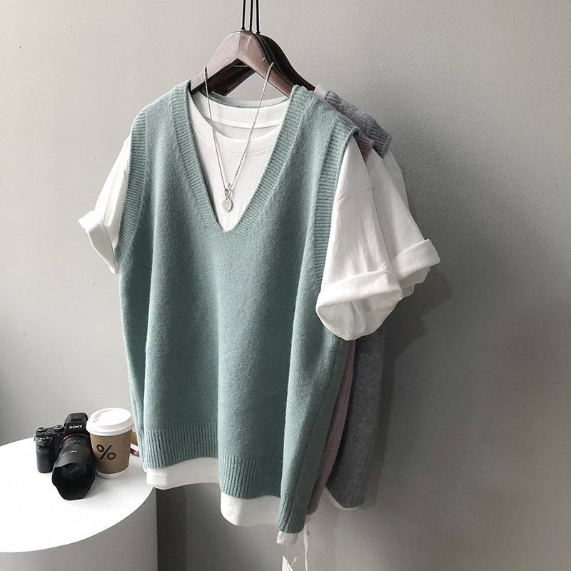 Knitted Vest Women Spring Preppy V neck Loose Idle Sleeveless Waistcoat    