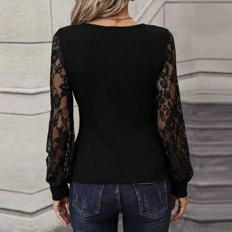 Elegant Waffle Patchwork Lace Long Sleeve Pullover for Women    