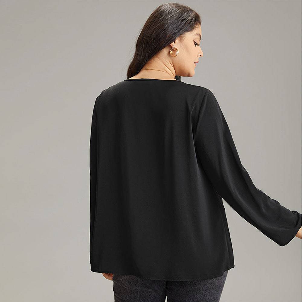 Elegant V-Neck Flared Sleeve Plus Size Office Top    