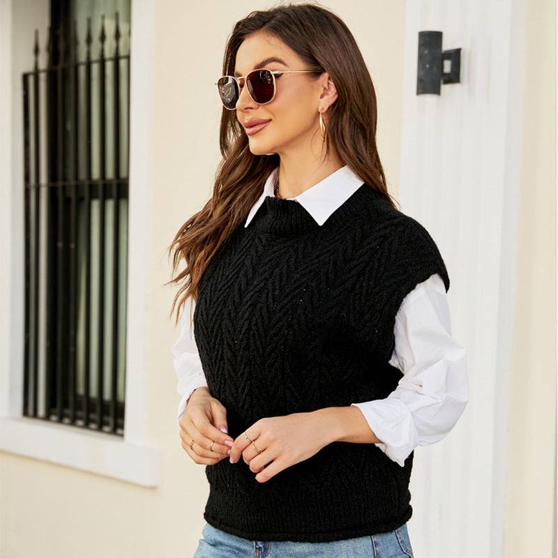 Knitted Top Autumn Winter Wild Knitted Woolen Vest Outer Wear Bandage Dress Round Neck Sleeveless Sweater    