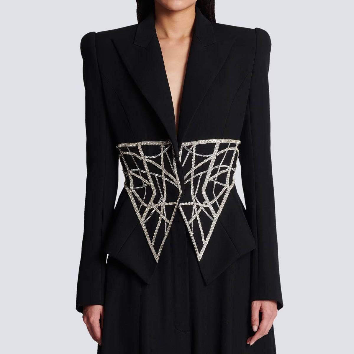 Elegant Rhinestone Embellished Women's Business Blazer Top with Slimming Waist    