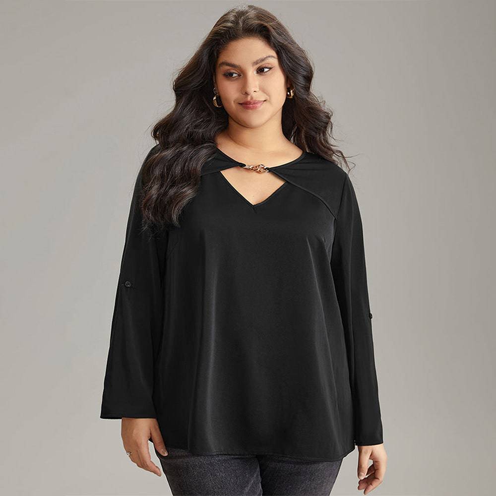 Elegant V-Neck Flared Sleeve Plus Size Office Top    