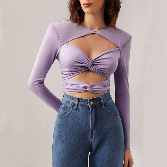 Seductive Hollow Out Long Sleeve Crop Top in Milk Silk    