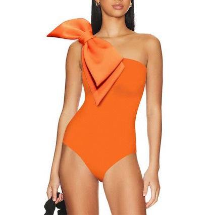 French swimsuit with pleated oblique shoulder and bow two-piece women's swimsuit    