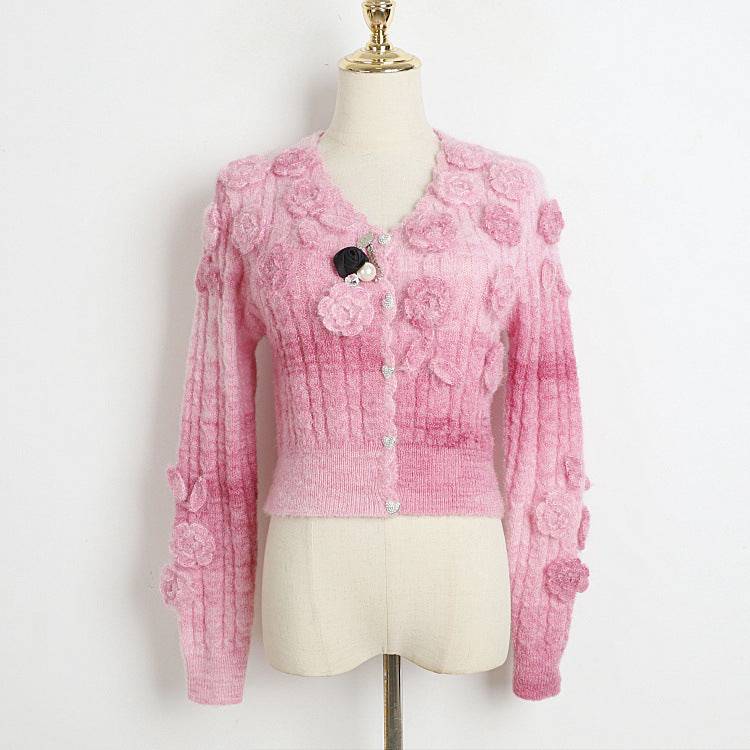 Floral Twisted Mohair Cardigan with V Neck    