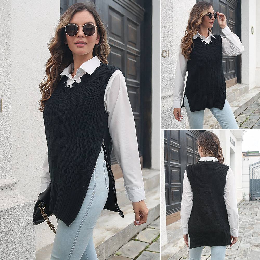 Unique Split V-neck Zipper Knitted Sweater Vest for Women    