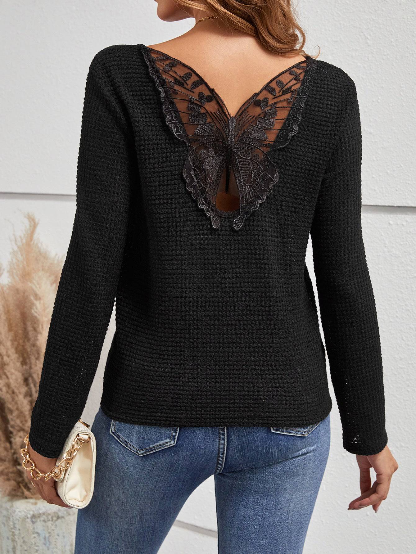 Women's Cozy V-Neck Solid Color Sweater with Lace Patchwork    