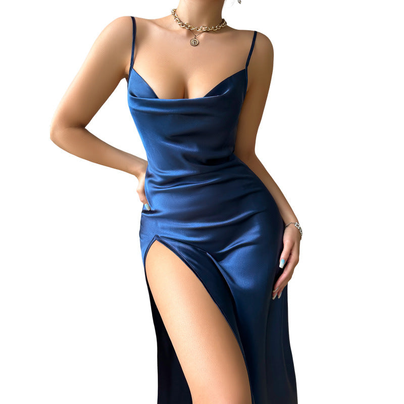 Sensual Backless Ice Silk Long Nightdress with High Slit    