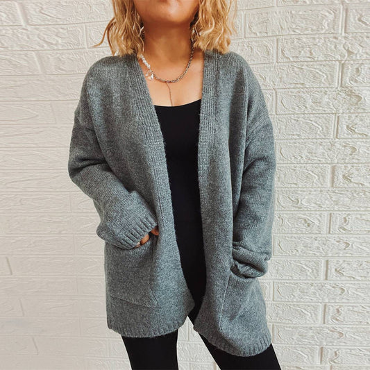 V-Neck Knitted Sweater Coat with Large Pockets for Women's Autumn/Winter Casual Wear    