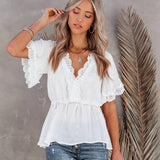 Sophisticated Lace Blouse with V-Neck and Short Sleeves    