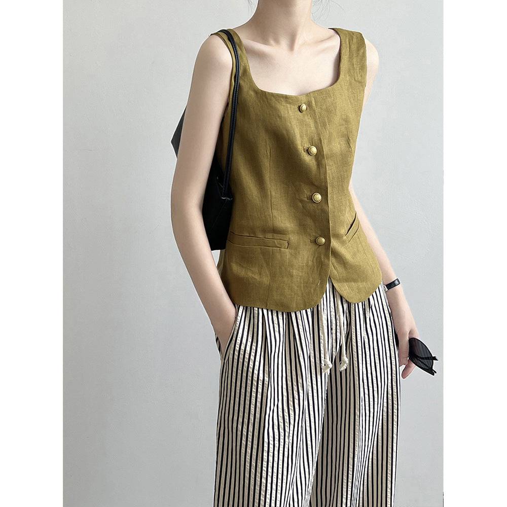 Retro Linen Women's Sleeveless Vest with Square Collar for Autumn    