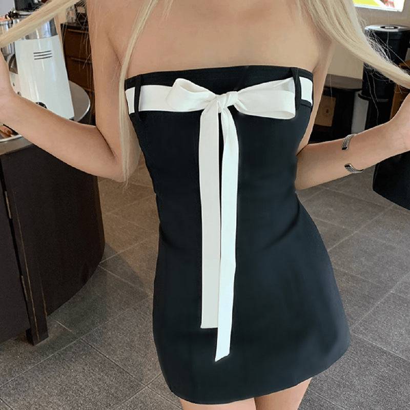 Seductive Backless Tubed Top Short Dress with Bow Detail    