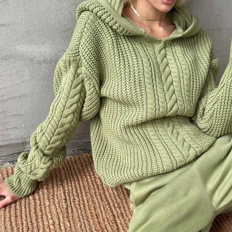 Hooded Loose Fit Knitted Sweater for Women    