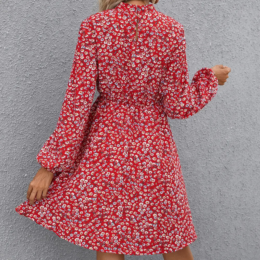 Elegant Floral A-Line Dress for Women with High Neck and Long Sleeves    