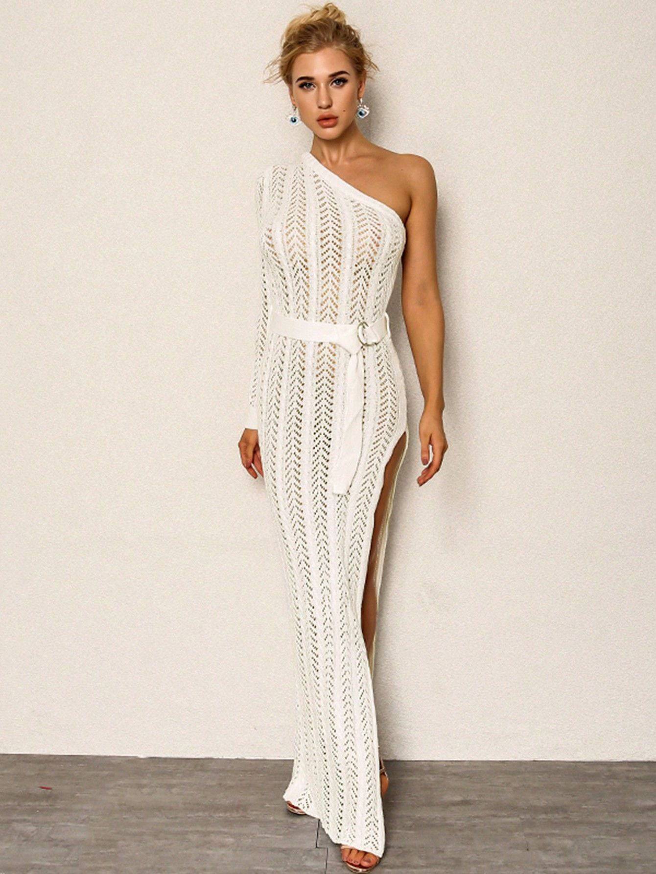 Sultry Single Sleeve Maxi Dress with High Slit    