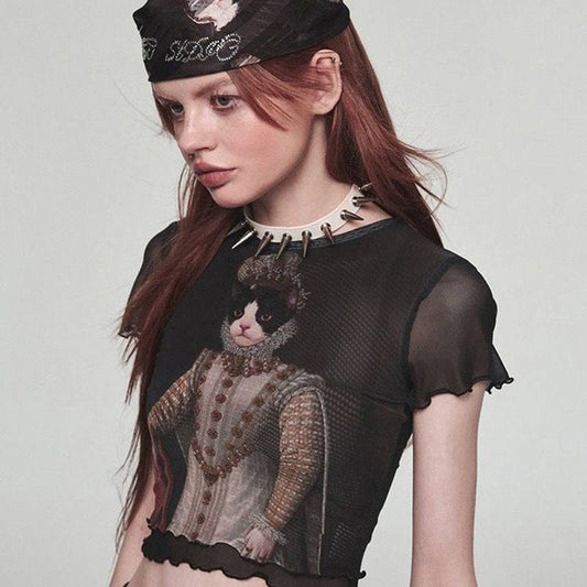 Retro Cat Print Mesh Top for Women: Vintage Charm with a Hint of Allure    