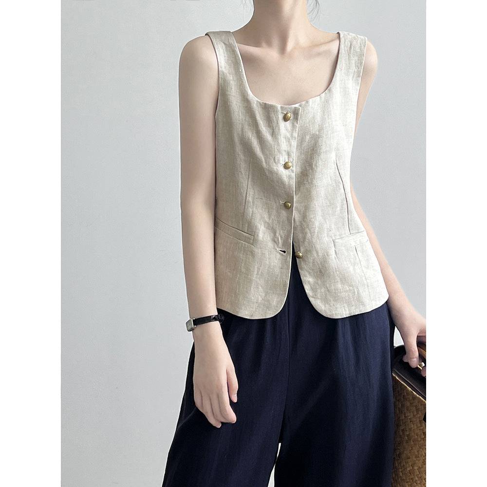 Retro Linen Women's Sleeveless Vest with Square Collar for Autumn    