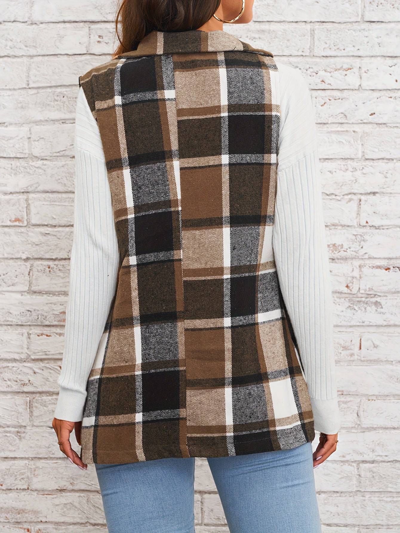 Women's Plaid Coat with Polo Collar and Single Breasted Design    