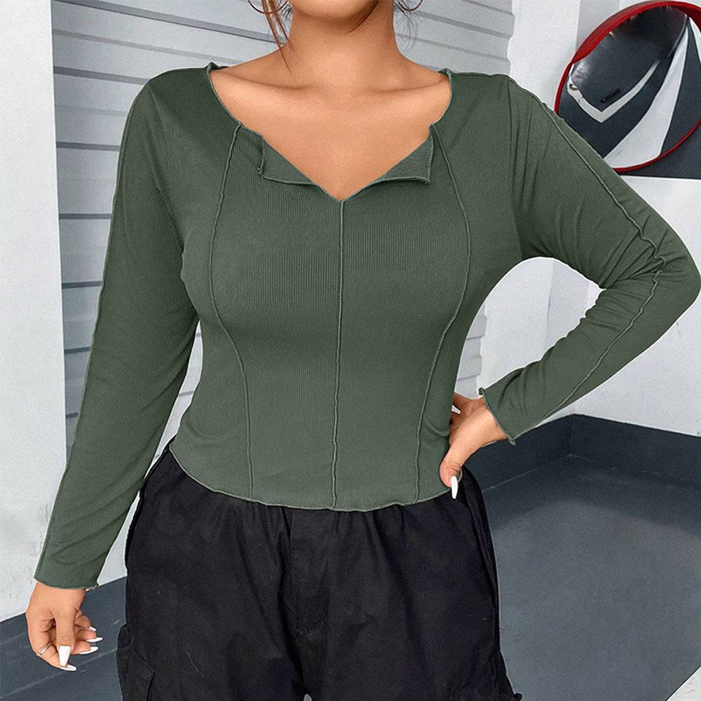 Plus Size Slim Fit V-Neck Long Sleeve T-Shirt for Women    