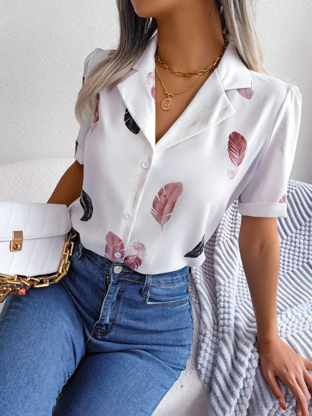 Feather Print Collared Women's Shirt with Short Sleeves    