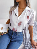 Feather Print Collared Women's Shirt with Short Sleeves    