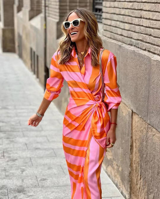 Trendy Striped Shirt Collar Dress with Lacing    